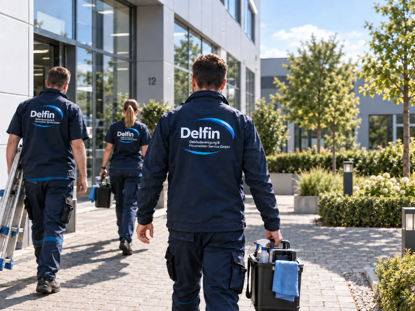Delfin-Mitarbeiter mit Arbeitsausrüstung auf dem Weg zum Gebäude; das Firmenlogo ist auf den Jacken sichtbar.